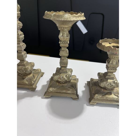 VINTAGE BRASS GOLD ORNATE CANDLESTICK HOLDER SET OF THREE ASCENDING 4"-7" - Picture 3 of 7